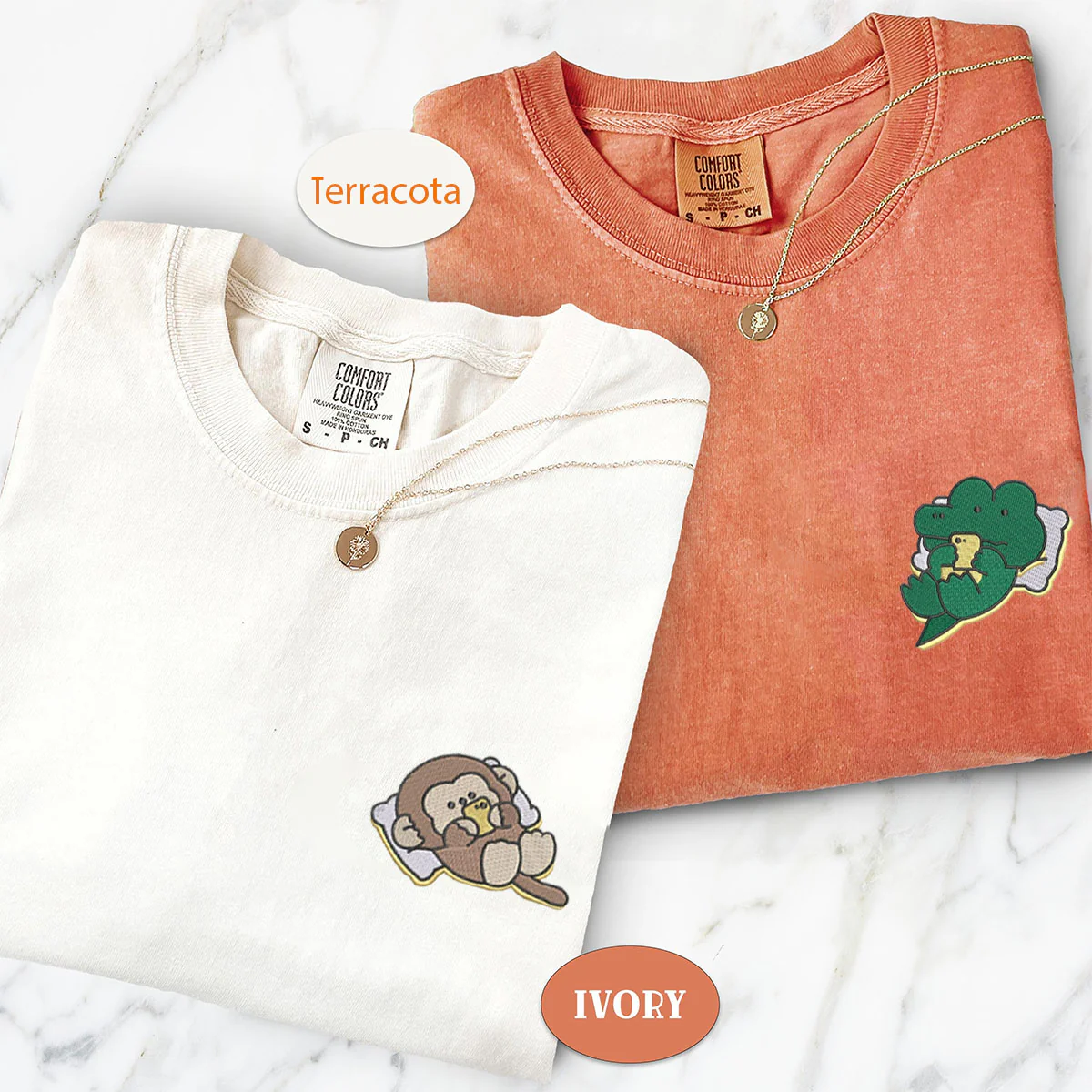 Custom Embroidered Cute Crocodile x Monkey Matching T-shirts for Couples - Image 2