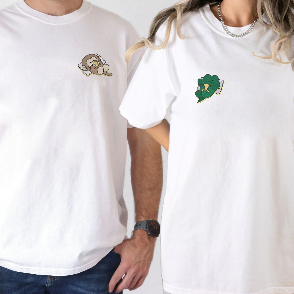 Custom Embroidered Cute Crocodile x Monkey Matching T-shirts for Couples - Image 6