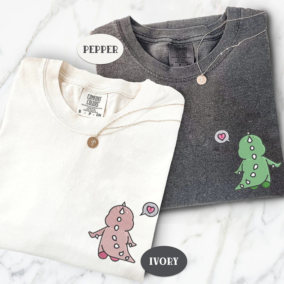 Custom Embroidered Cute Dinosaur V1 Matching T-shirts for Couples - Image 2