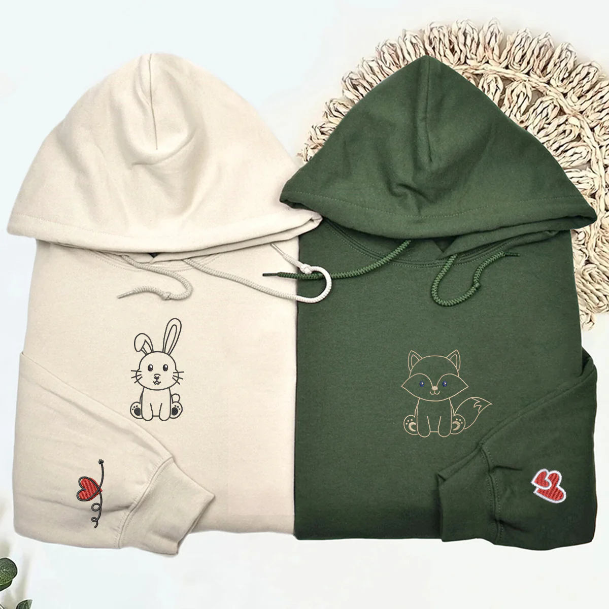 Custom Embroidered Cute Fox and Rabbit Matching Hoodies for Couples - Image 2