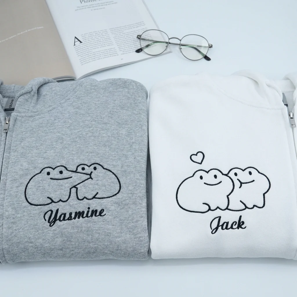 Custom Embroidered Cute Frog Couple Matching Quarter Zip Sweatshirts & Full-Zip Hoodie for Couples - Image 2