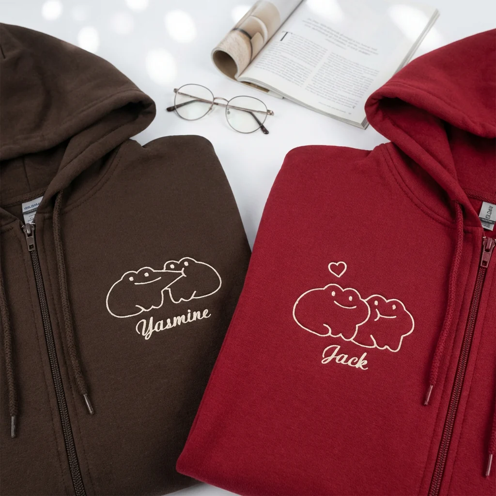 Custom Embroidered Cute Frog Couple Matching Quarter Zip Sweatshirts & Full-Zip Hoodie for Couples - Image 3