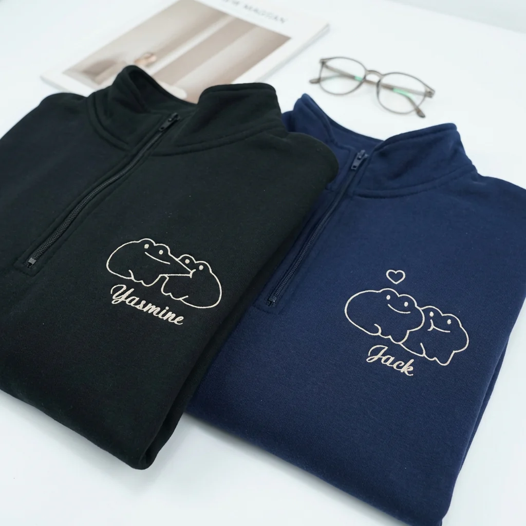 Custom Embroidered Cute Frog Couple Matching Quarter Zip Sweatshirts & Full-Zip Hoodie for Couples - Image 4