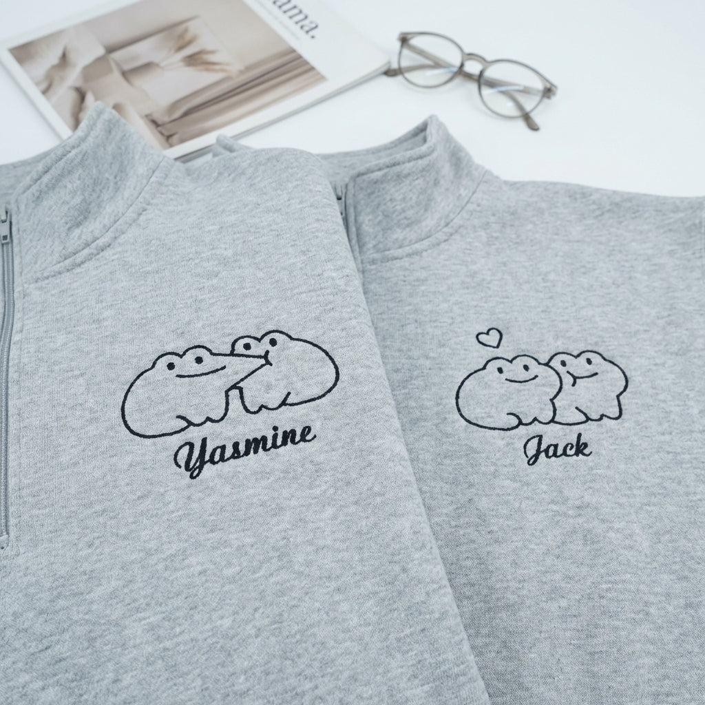 Custom Embroidered Cute Frog Couple Matching Quarter Zip Sweatshirts & Full-Zip Hoodie for Couples - Image 5
