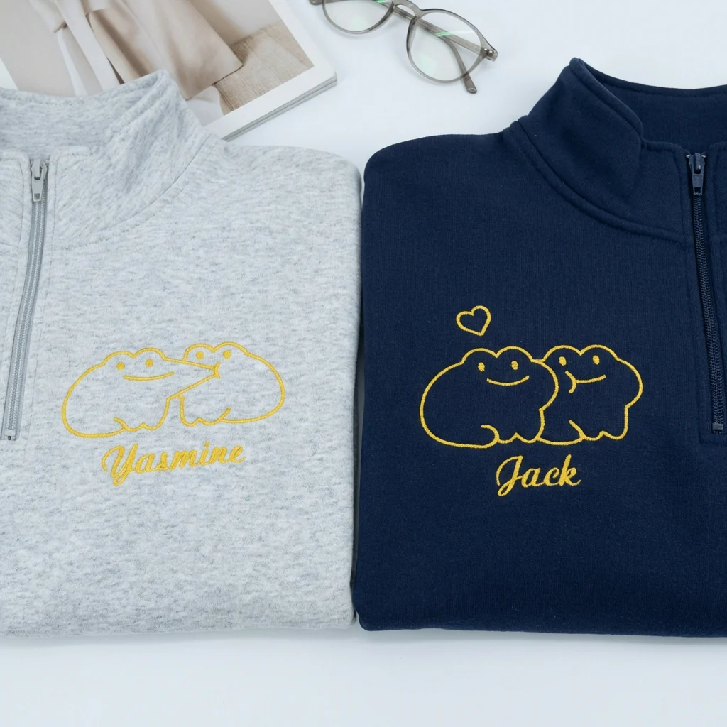 Custom Embroidered Cute Frog Couple Matching Quarter Zip Sweatshirts & Full-Zip Hoodie for Couples - Image 7