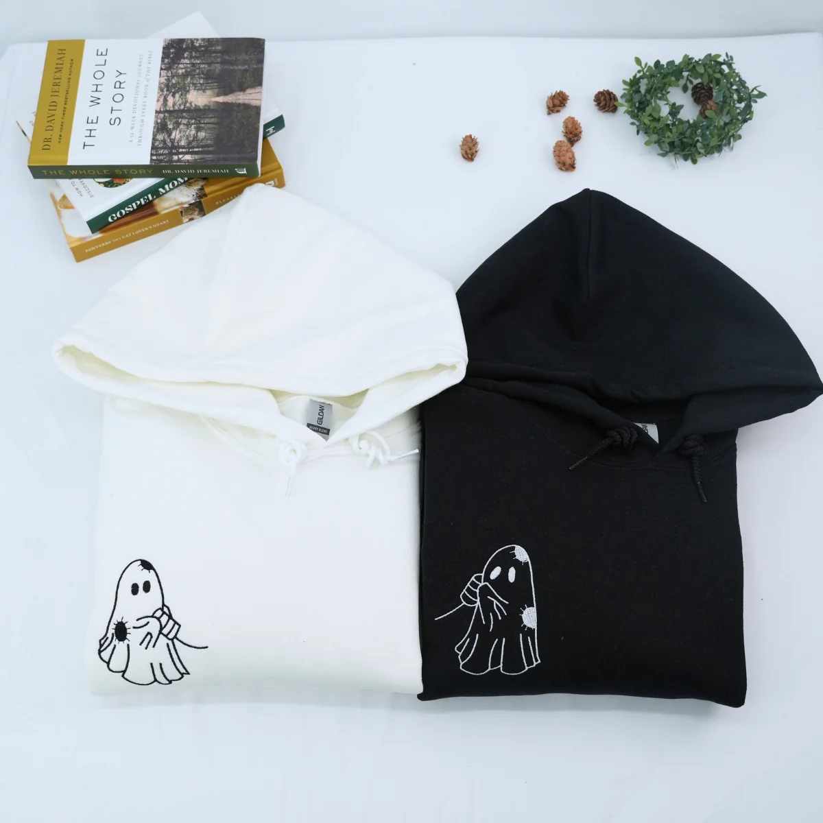 Custom Embroidered Cute Ghost Love Matching Hoodies for Couples