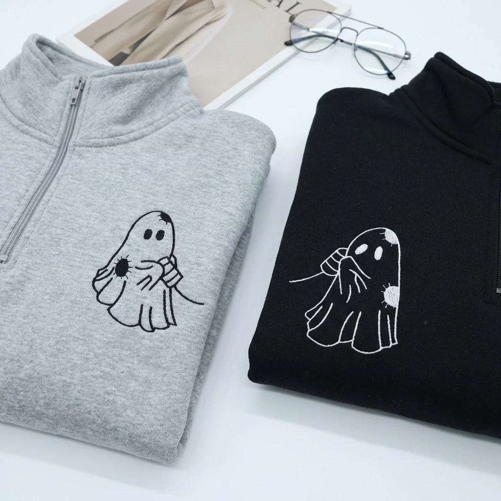 Custom Embroidered Cute Ghost Love Matching Quarter Zip Sweatshirts & Full-Zip Hoodie for Couples