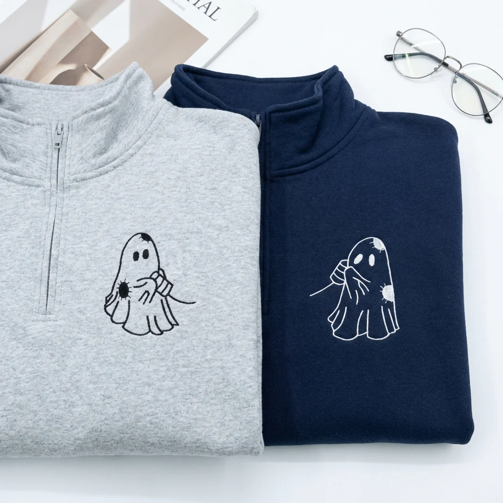 Custom Embroidered Cute Ghost Love Matching Quarter Zip Sweatshirts & Full-Zip Hoodie for Couples - Image 2