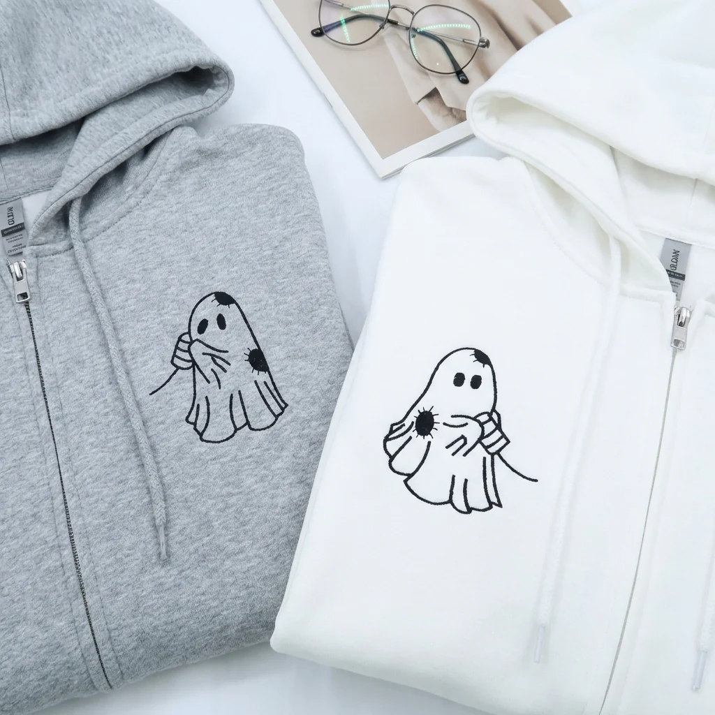 Custom Embroidered Cute Ghost Love Matching Quarter Zip Sweatshirts & Full-Zip Hoodie for Couples - Image 3