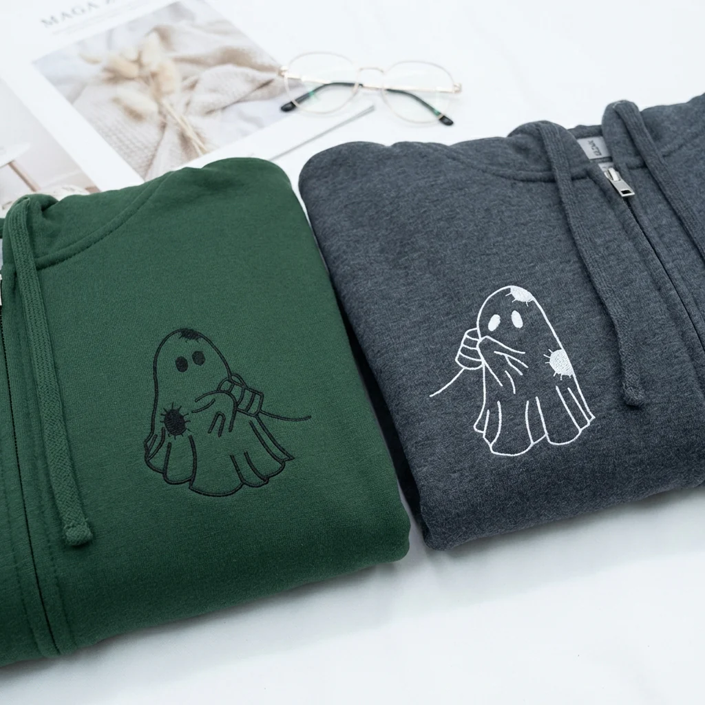Custom Embroidered Cute Ghost Love Matching Quarter Zip Sweatshirts & Full-Zip Hoodie for Couples - Image 4