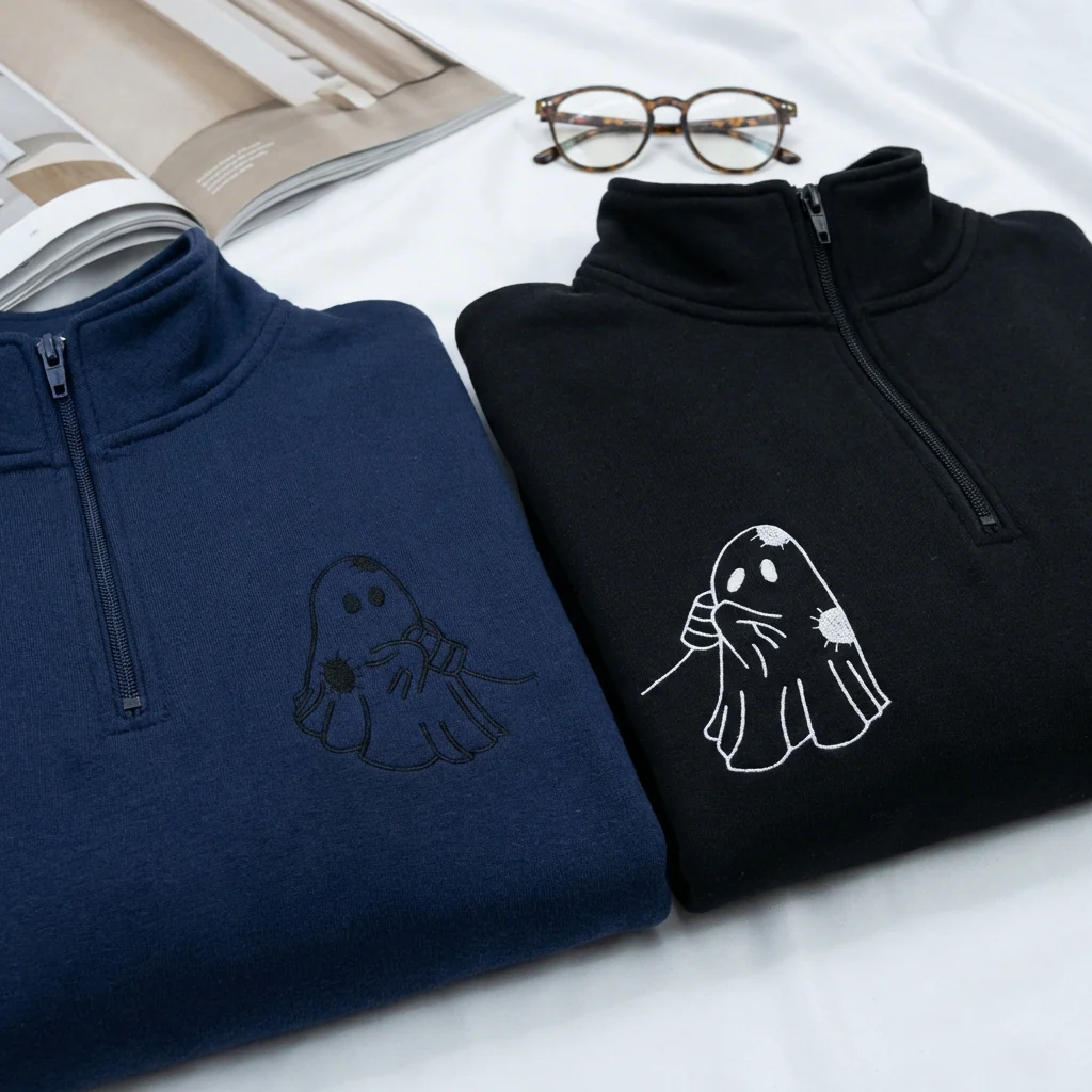 Custom Embroidered Cute Ghost Love Matching Quarter Zip Sweatshirts & Full-Zip Hoodie for Couples - Image 6