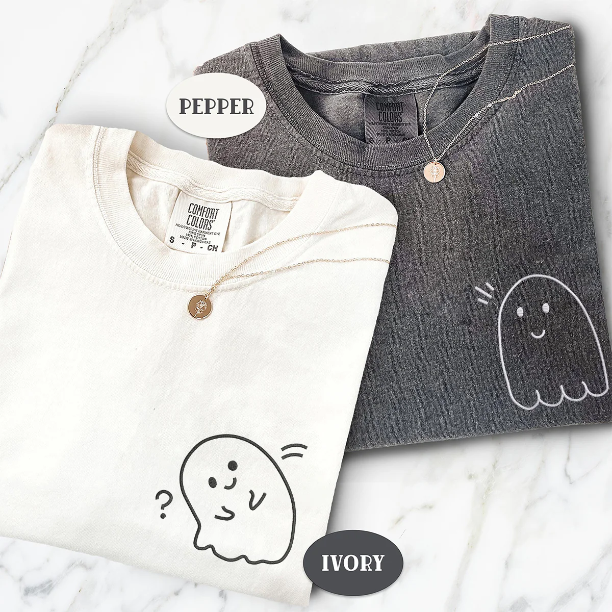 Custom Embroidered Cute Ghost Matching T-shirts for Couples - Image 3