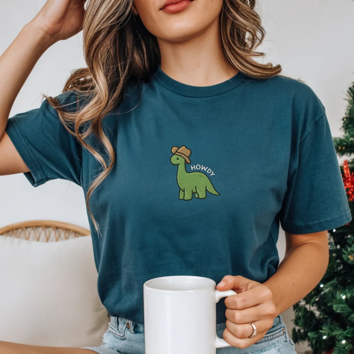 Custom Embroidered Cute Howdy Dinosaur T-Shirt – Cozy Western Dino Tee - Image 7
