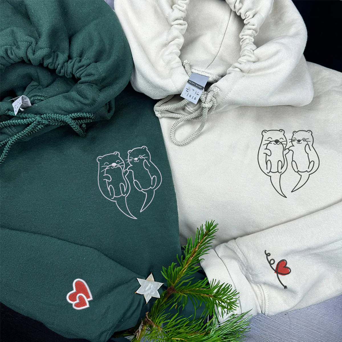 Custom Embroidered Cute Otter Matching Hoodies for Couples - Image 3