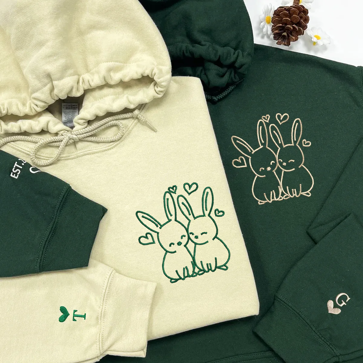 Custom Embroidered Cute Rabbit Love Matching Hoodies for Couples - Image 2