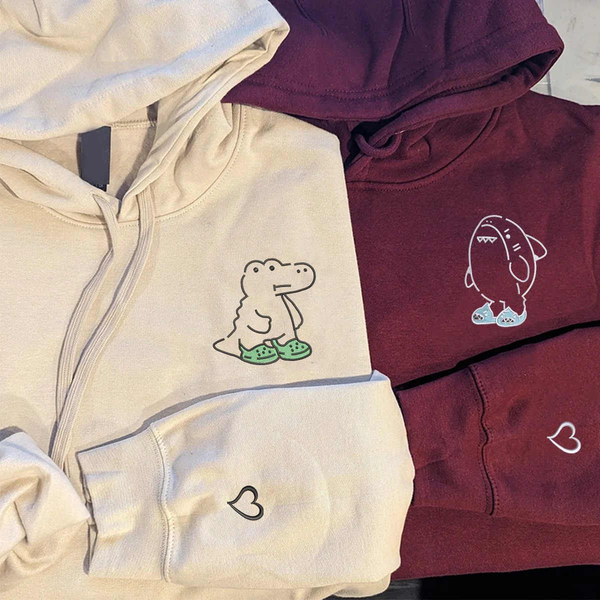 Custom Embroidered Cute Shark and Crocodile Matching Hoodies for Couples - Image 2