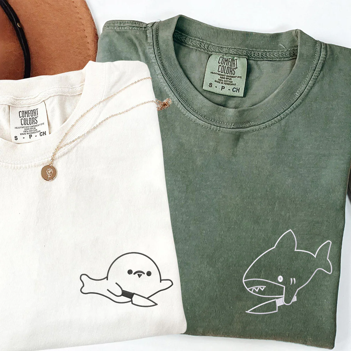 Custom Embroidered Cute Shark and Seal Matching T-shirts for Couples - Image 4