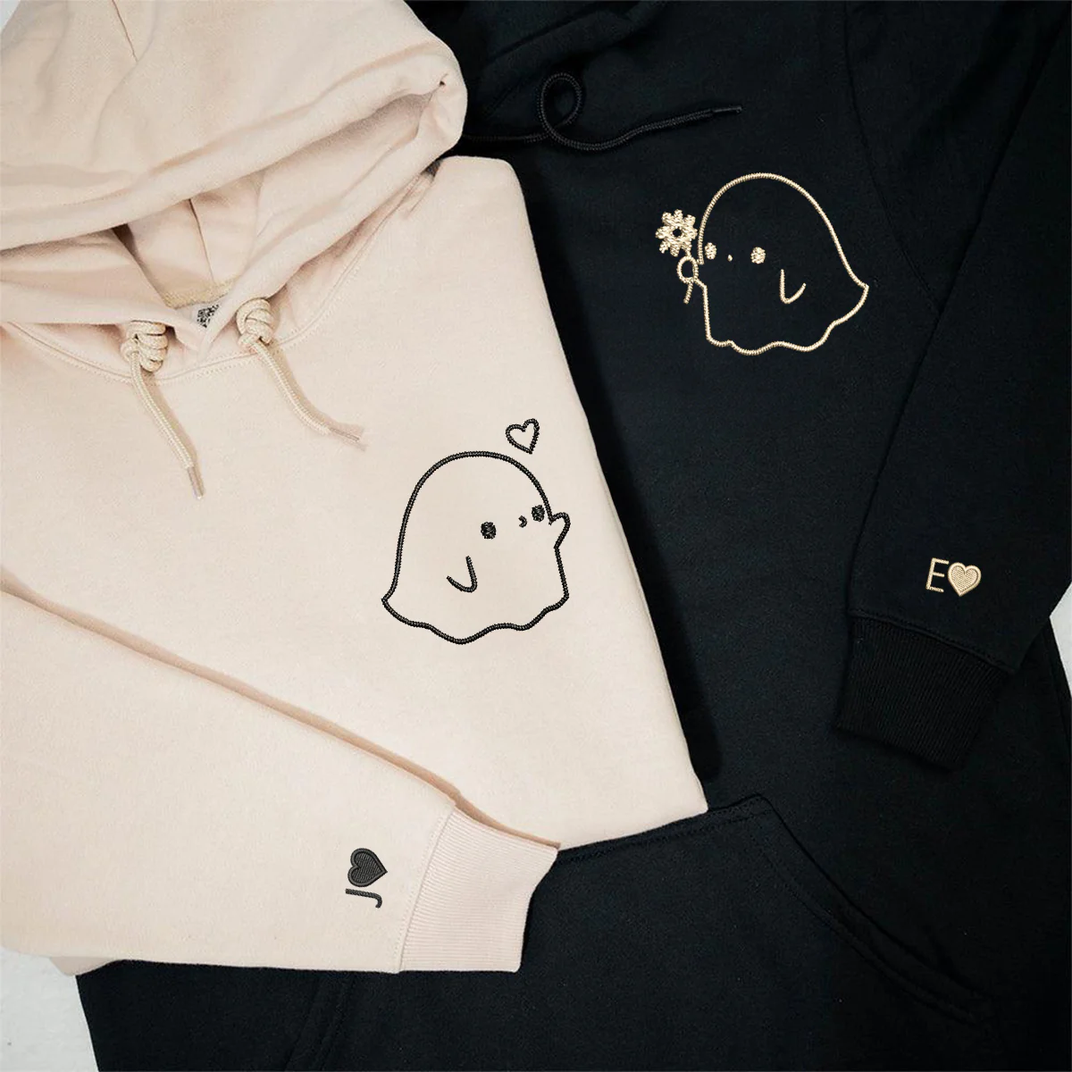 Custom Embroidered Cute Sheet Ghost Matching Hoodies for Couples - Image 2