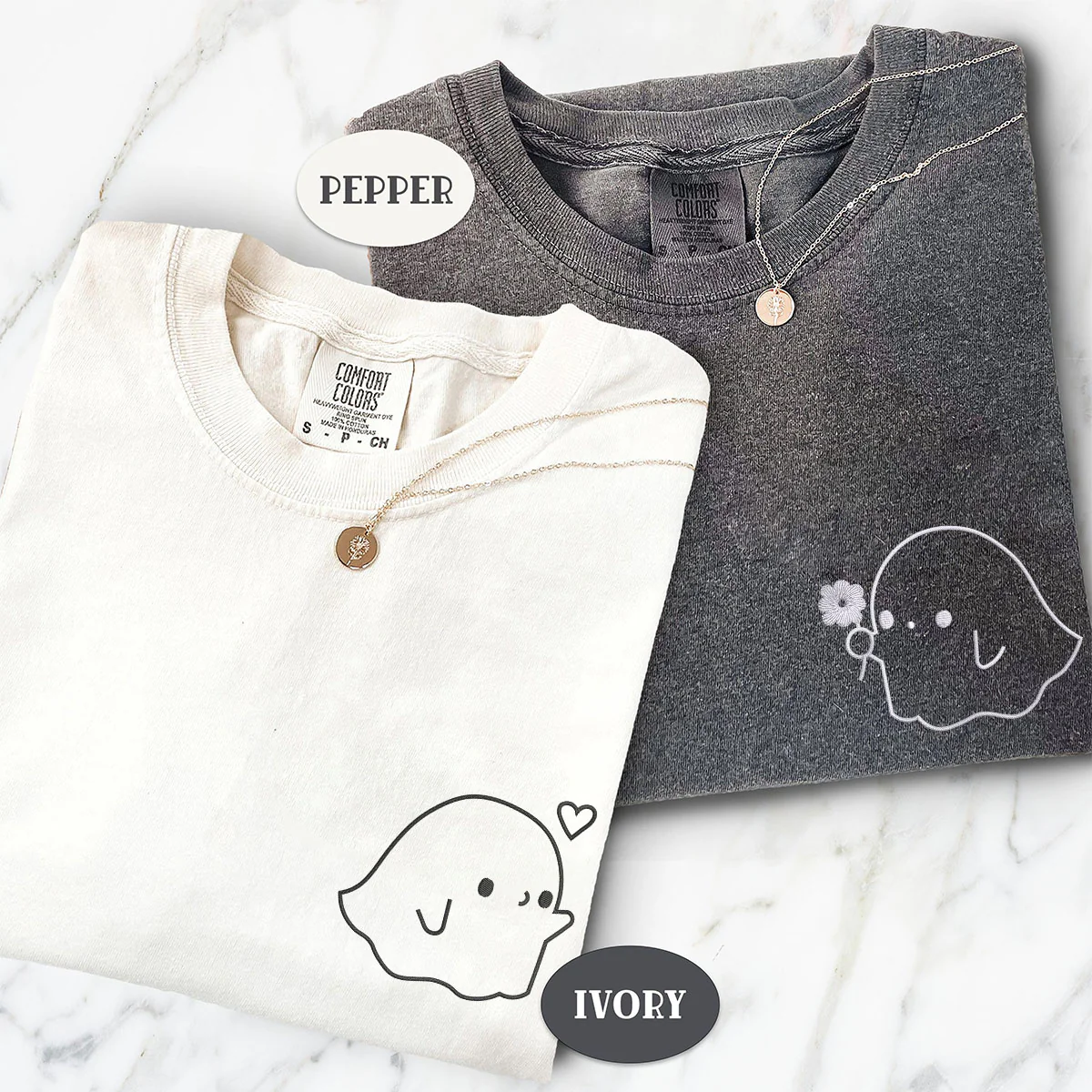 Custom Embroidered Cute Sheet Ghost Matching T-shirts for Couples - Image 2