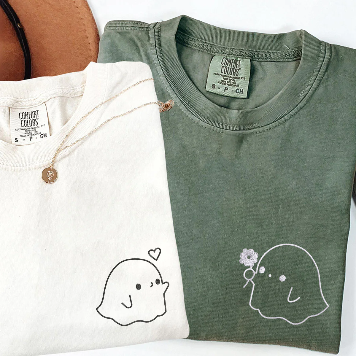 Custom Embroidered Cute Sheet Ghost Matching T-shirts for Couples - Image 4