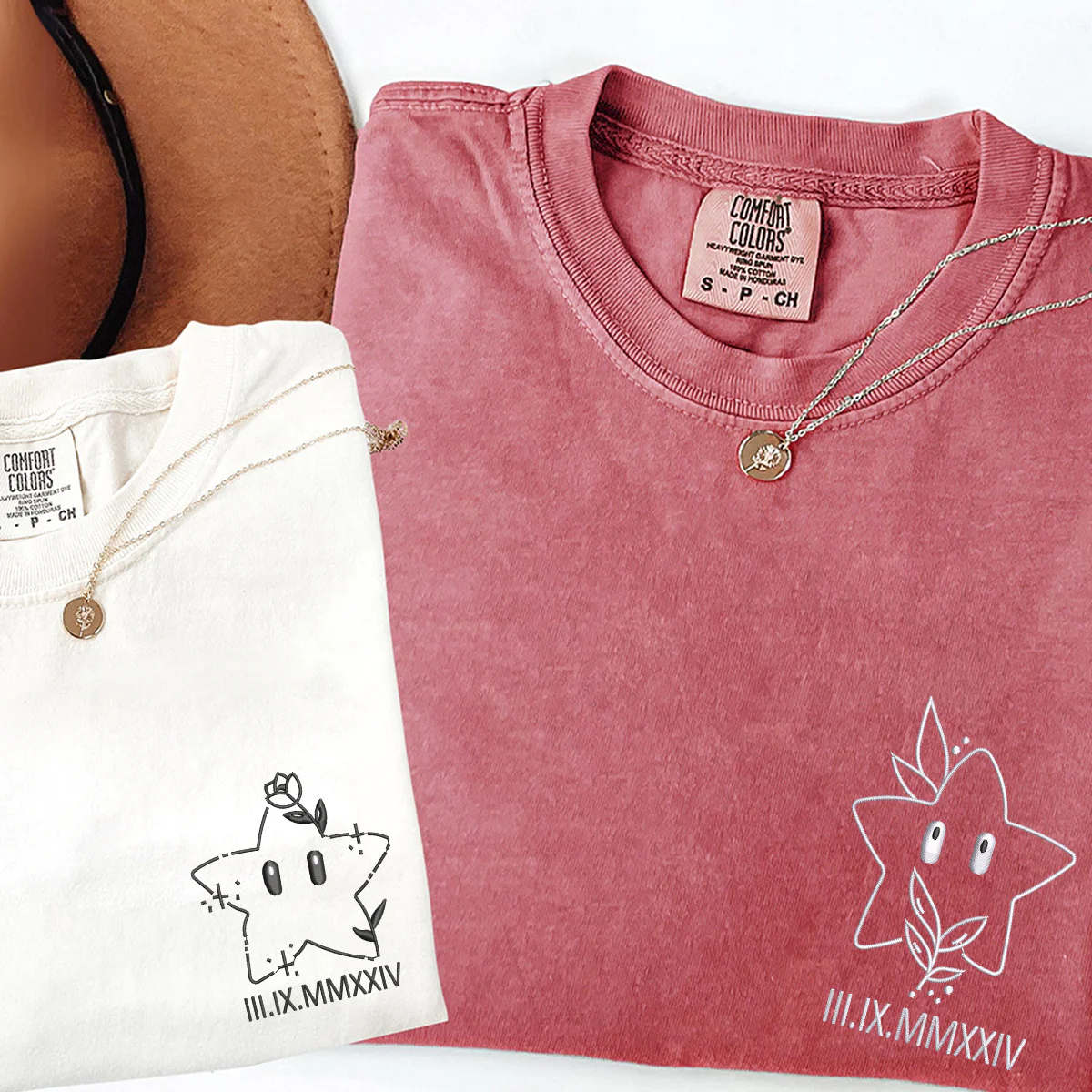 Custom Embroidered Cute Stars Cartoon Roman Numeral Matching T-shirts for Couples