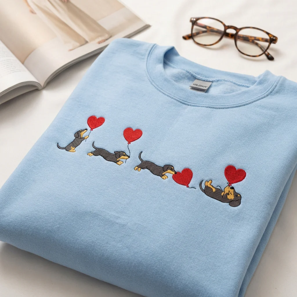 Custom Embroidered Dachshund With Heart Balloons Sweatshirt - Valentine Sausage Dog Lover Hoodie - Image 2