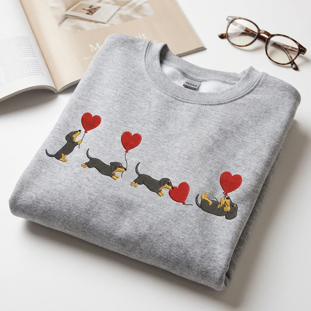 Custom Embroidered Dachshund With Heart Balloons Sweatshirt - Valentine Sausage Dog Lover Hoodie - Image 3