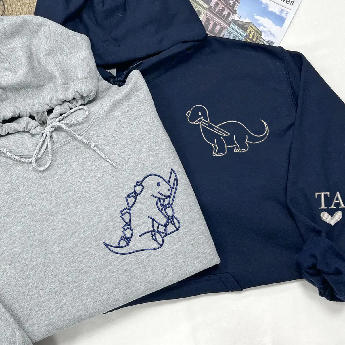Custom Embroidered Dinosaur with Knife Matching Hoodies for Couples - Image 2