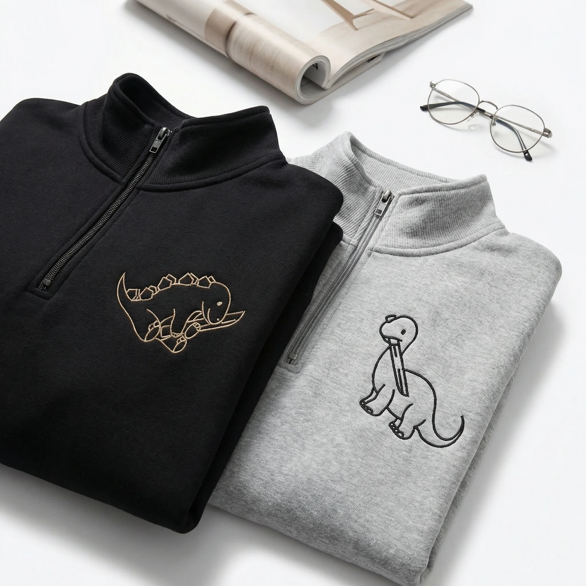 Custom Embroidered Dinosaur with Knife Matching Quarter Zip Sweatshirts & Full-Zip Hoodie for Couples