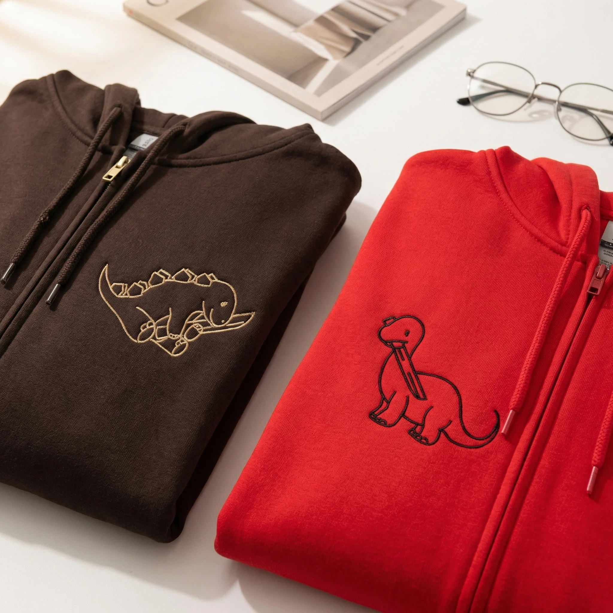 Custom Embroidered Dinosaur with Knife Matching Quarter Zip Sweatshirts & Full-Zip Hoodie for Couples - Image 2