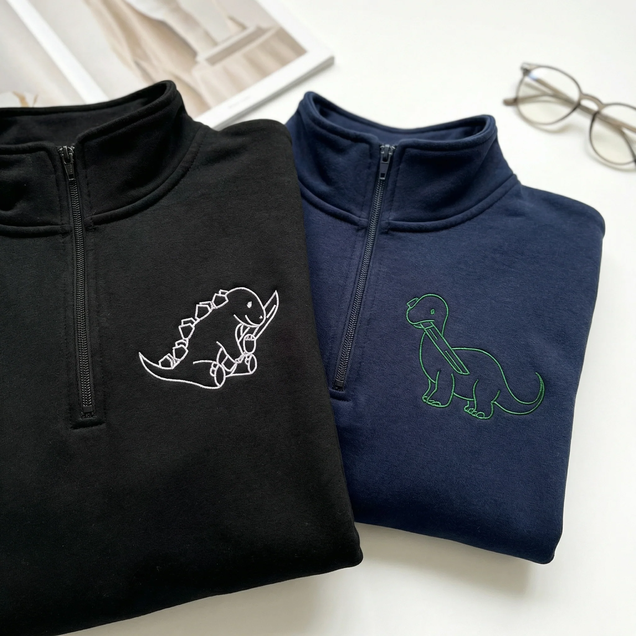 Custom Embroidered Dinosaur with Knife Matching Quarter Zip Sweatshirts & Full-Zip Hoodie for Couples - Image 3