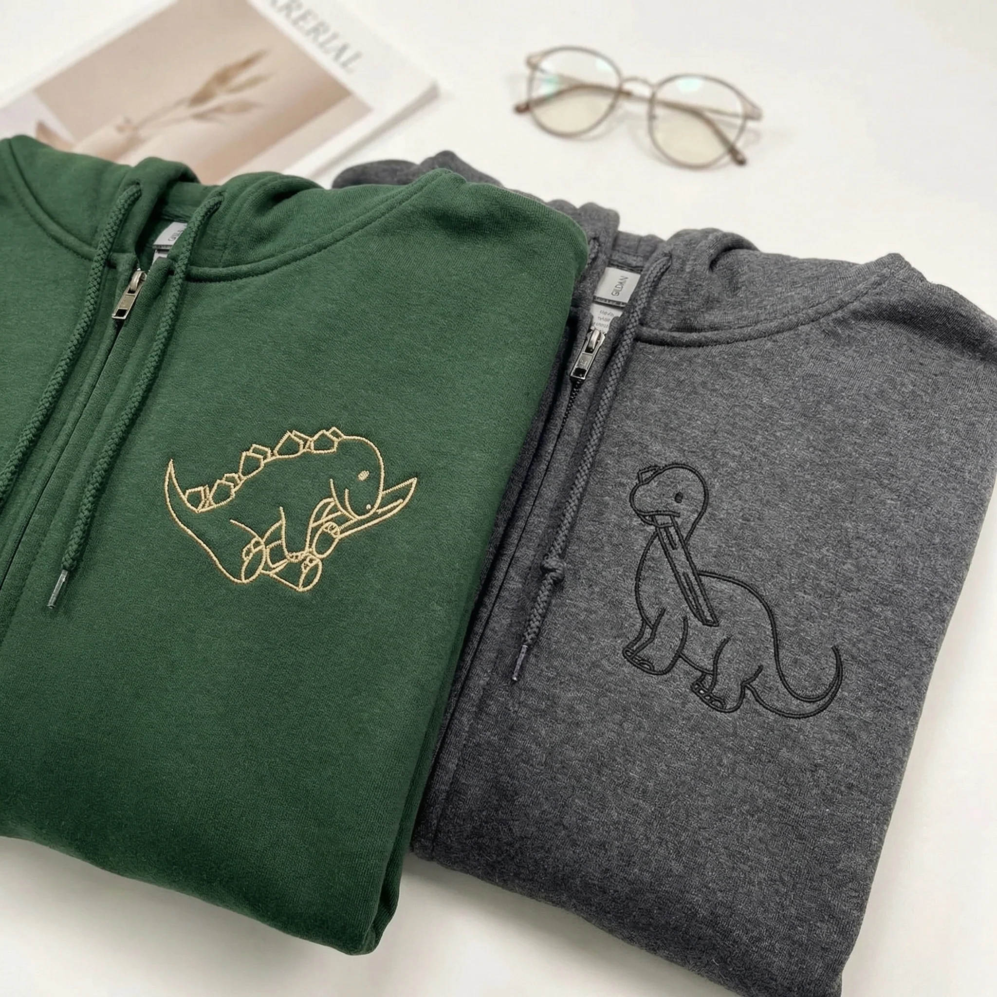 Custom Embroidered Dinosaur with Knife Matching Quarter Zip Sweatshirts & Full-Zip Hoodie for Couples - Image 4