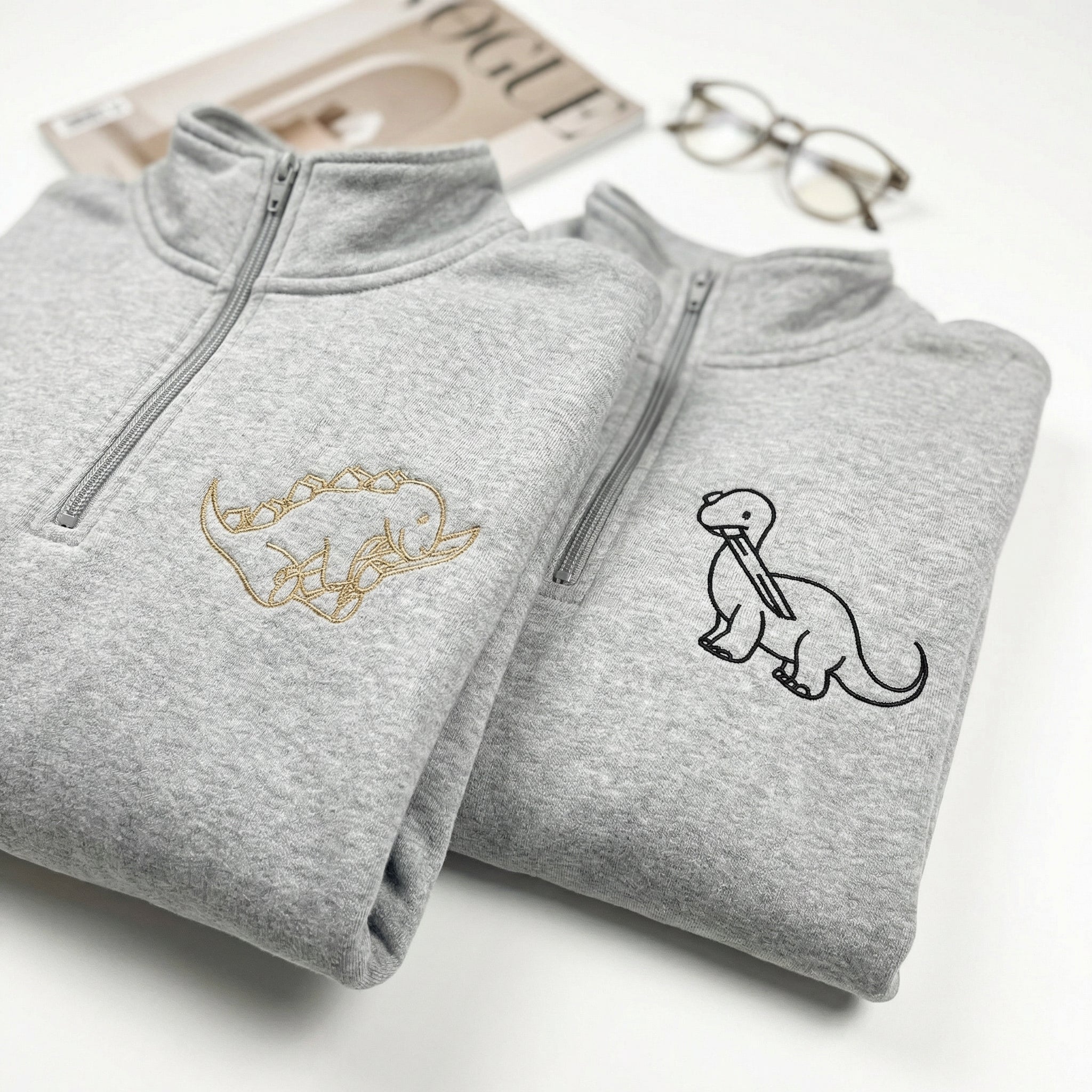 Custom Embroidered Dinosaur with Knife Matching Quarter Zip Sweatshirts & Full-Zip Hoodie for Couples - Image 5