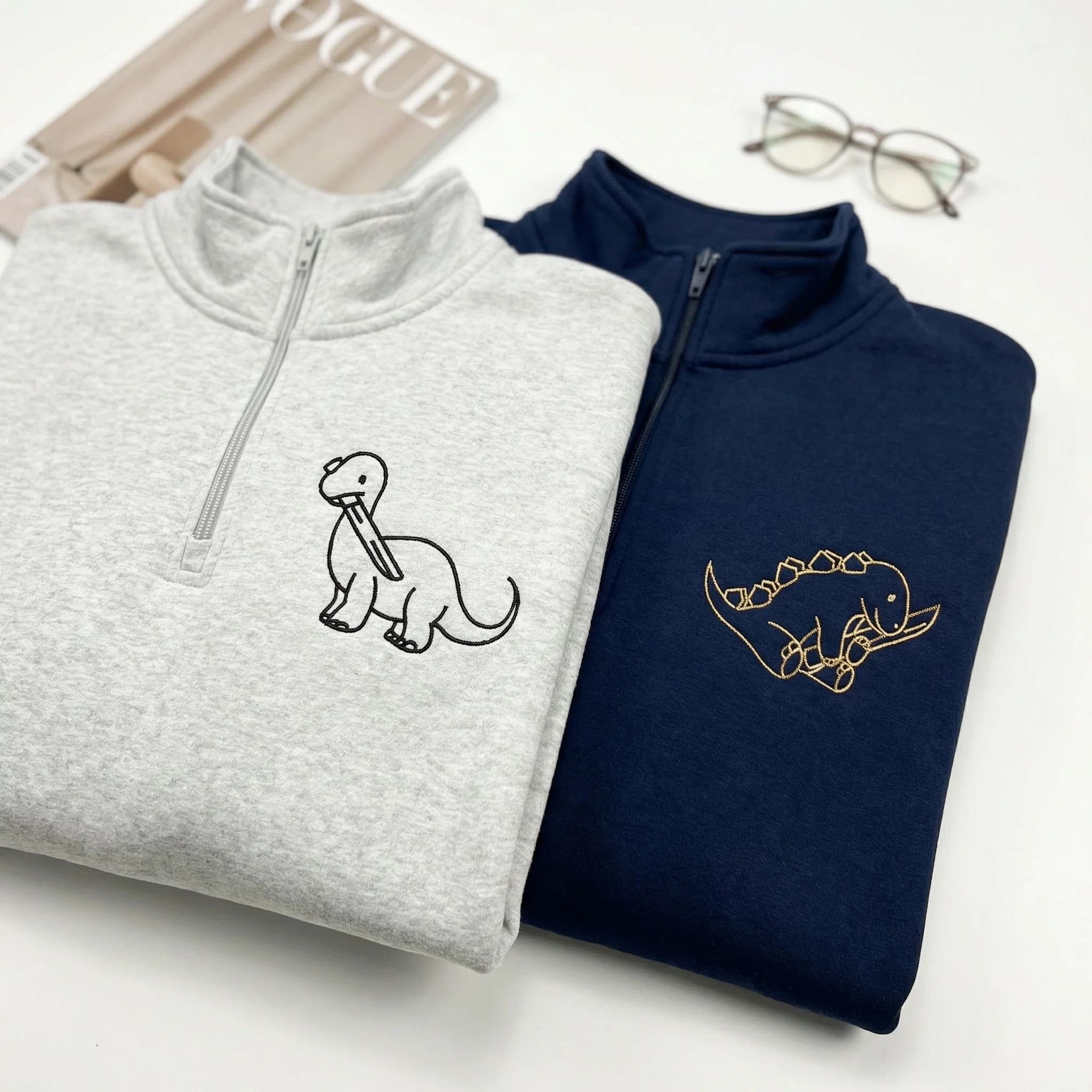 Custom Embroidered Dinosaur with Knife Matching Quarter Zip Sweatshirts & Full-Zip Hoodie for Couples - Image 6