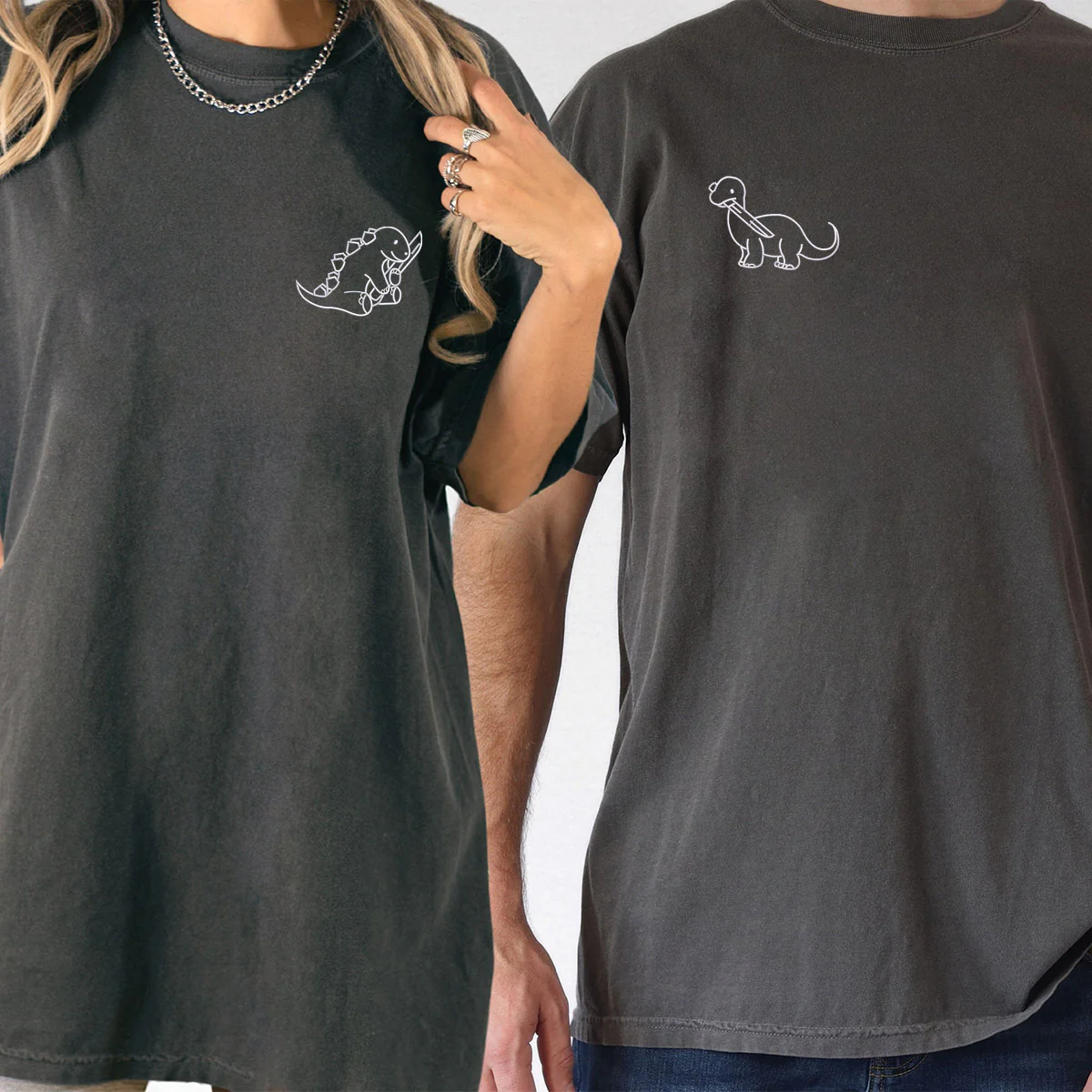 Custom Embroidered Dinosaur with Knife Matching T-shirts for Couples - Image 6