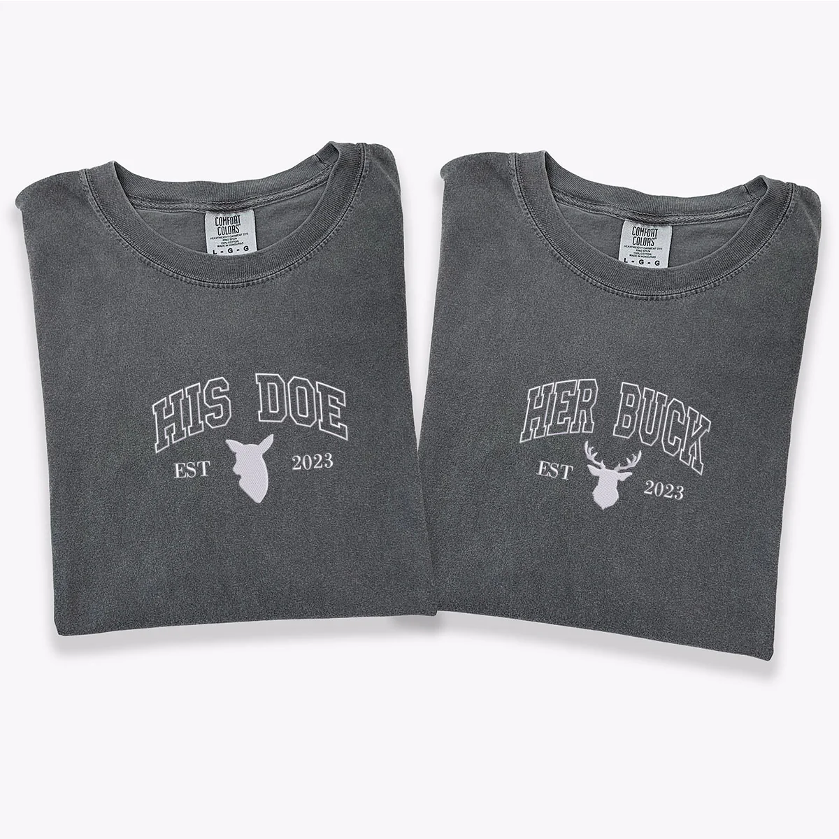 Custom Embroidered Doe Buck Est Year Matching T-shirts for Couples - Image 2