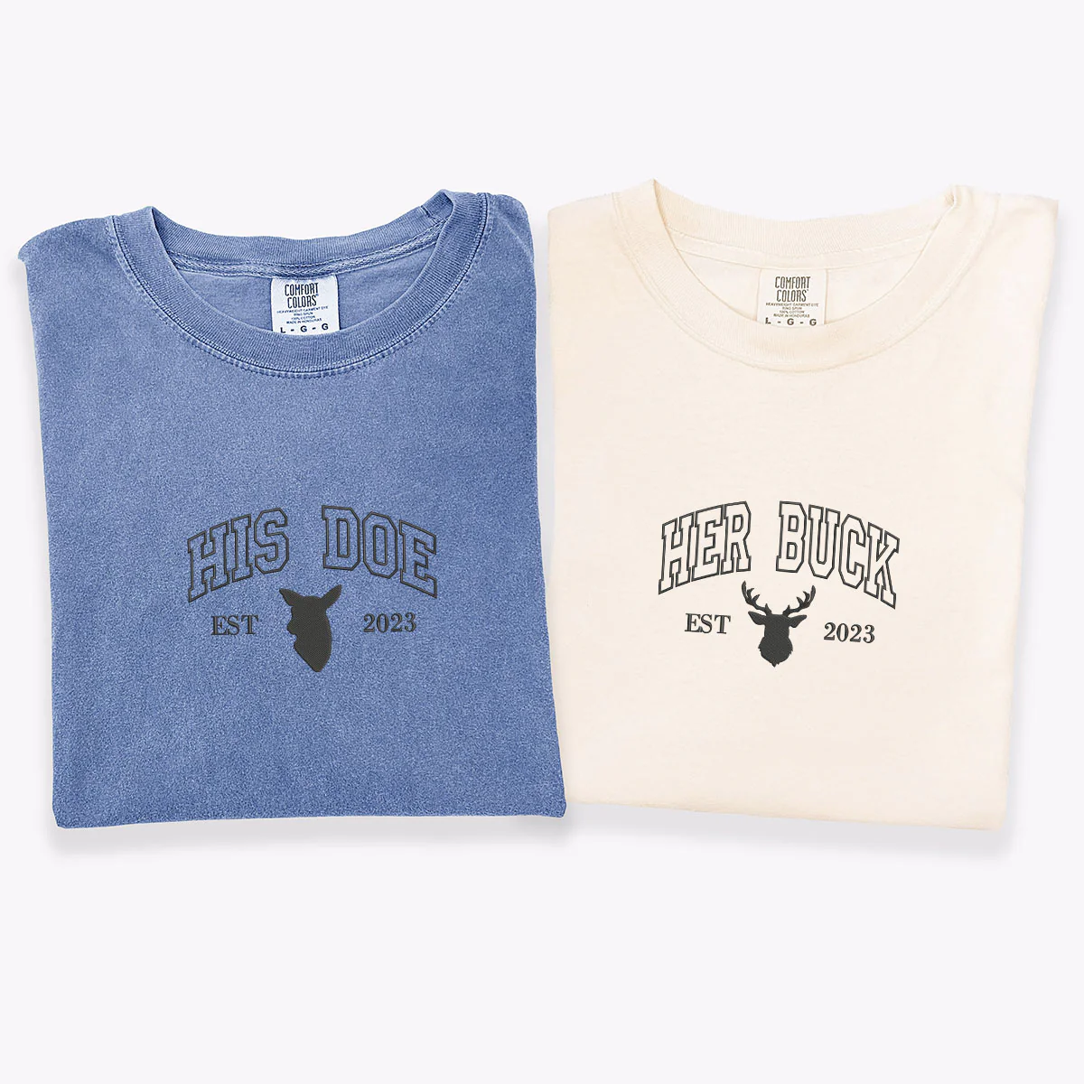Custom Embroidered Doe Buck Est Year Matching T-shirts for Couples - Image 3
