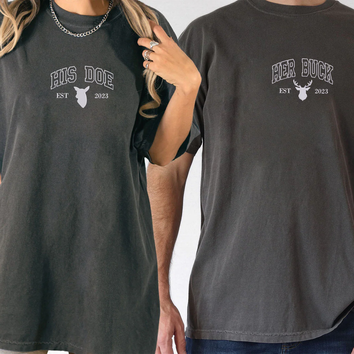 Custom Embroidered Doe Buck Est Year Matching T-shirts for Couples - Image 6