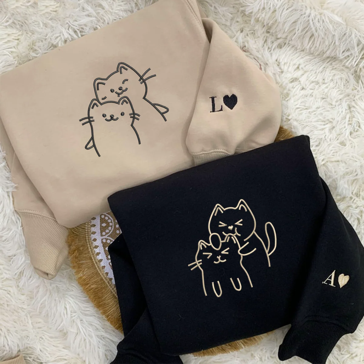 Custom Embroidered Doodle Cat Love Matching Hoodies for Couples - Image 5