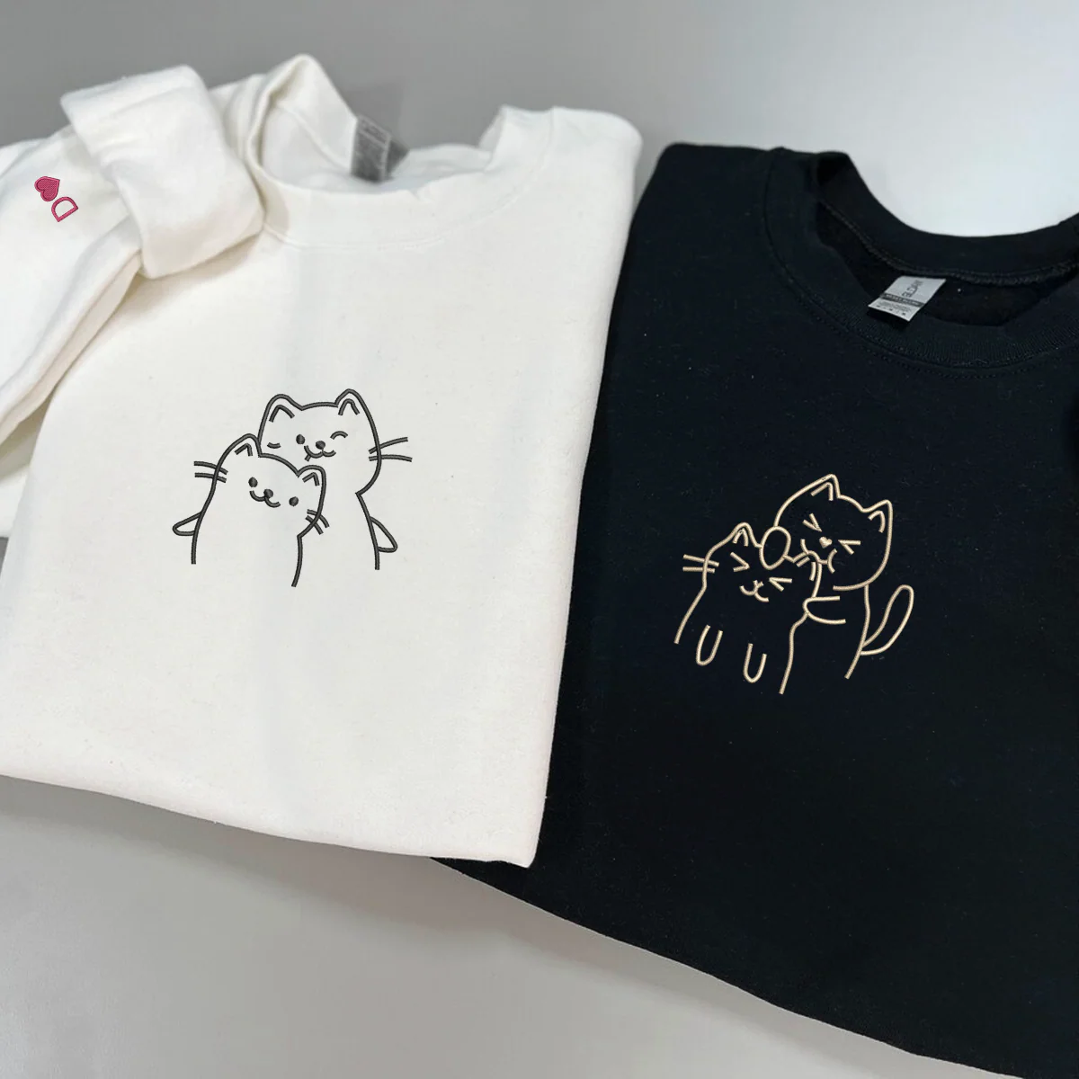 Custom Embroidered Doodle Cat Love Matching Hoodies for Couples - Image 6