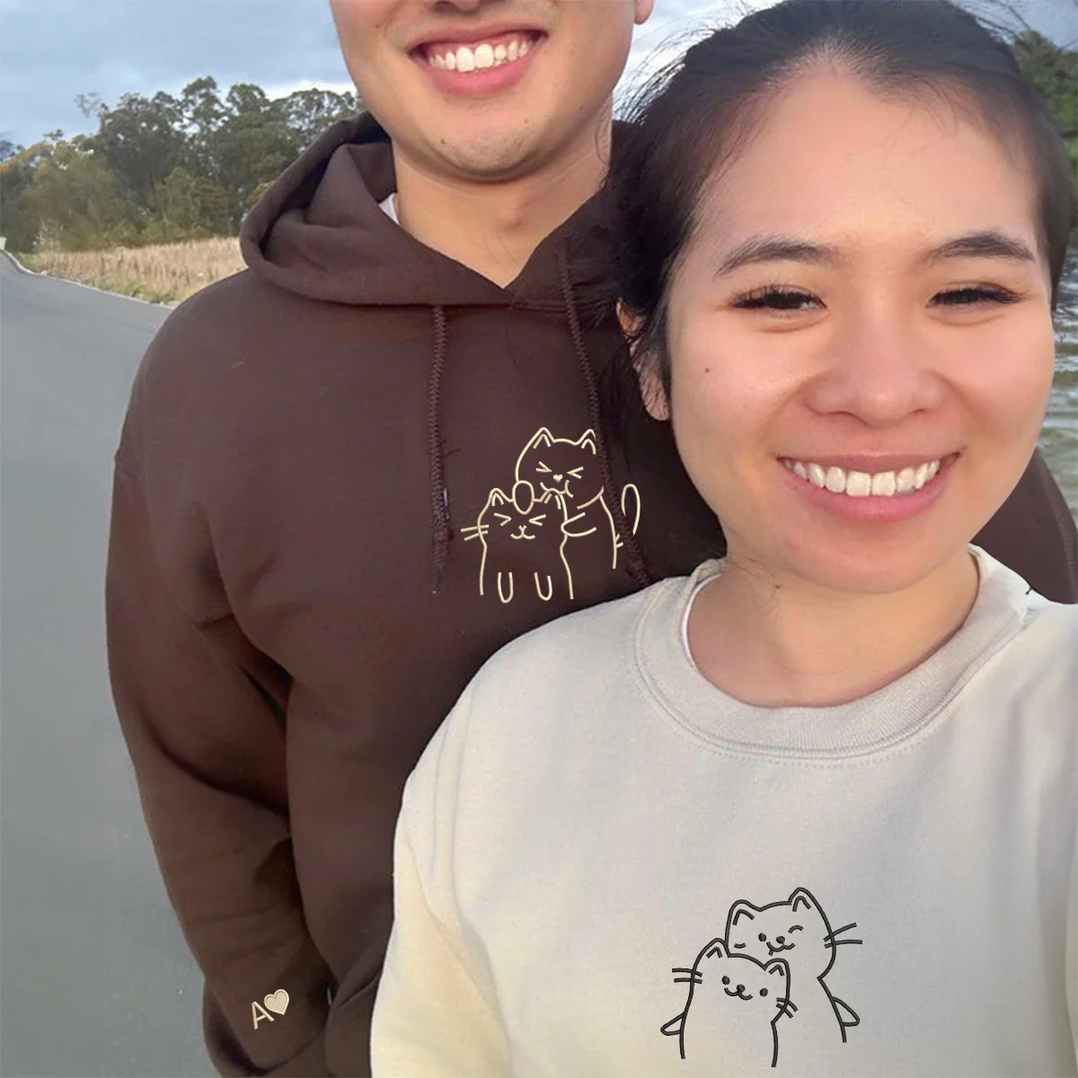 Custom Embroidered Doodle Cat Love Matching Hoodies for Couples - Image 7