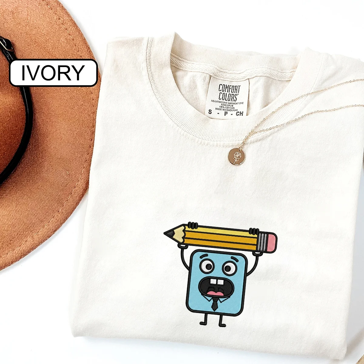 Custom Embroidered Doodle Pencil T-Shirt | Cute Artist Tee – Creative Embroidery Gift - Image 3