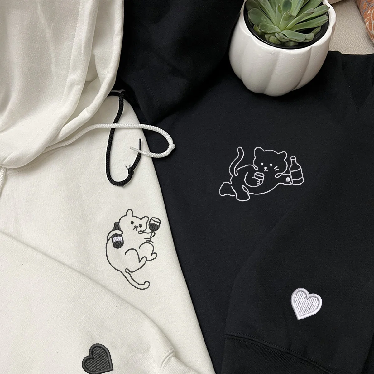 Custom Embroidered Drunk Cat Matching Hoodies for Couples - Image 2