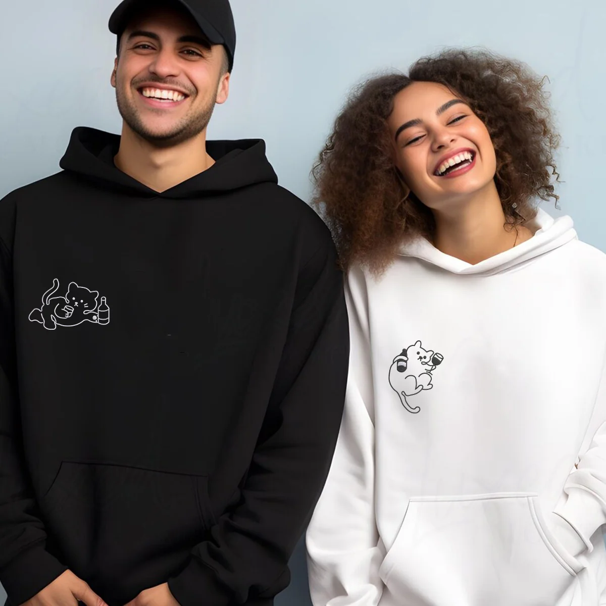 Custom Embroidered Drunk Cat Matching Hoodies for Couples - Image 7