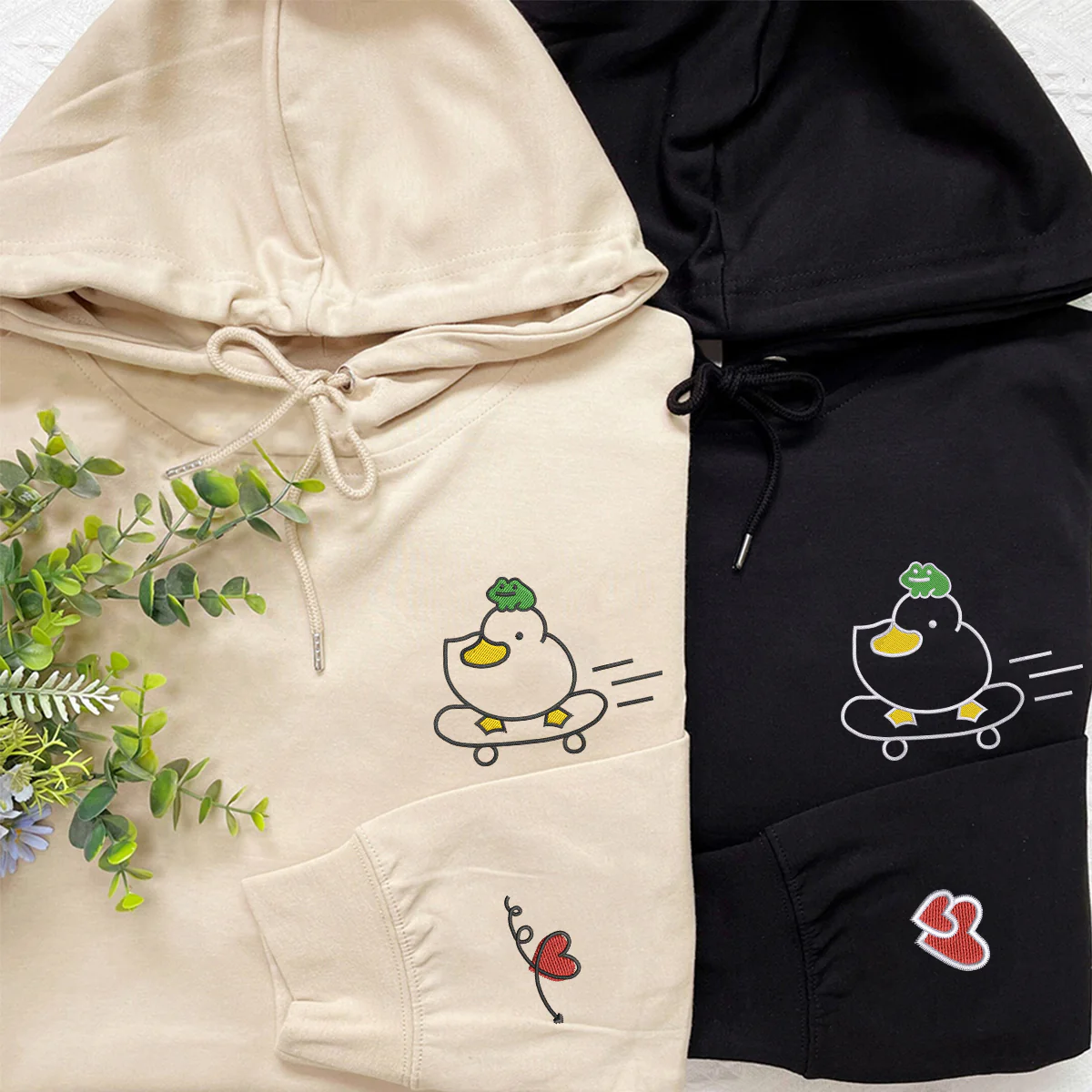 Custom Embroidered Duck and Frog Matching Hoodies for Couples - Image 2