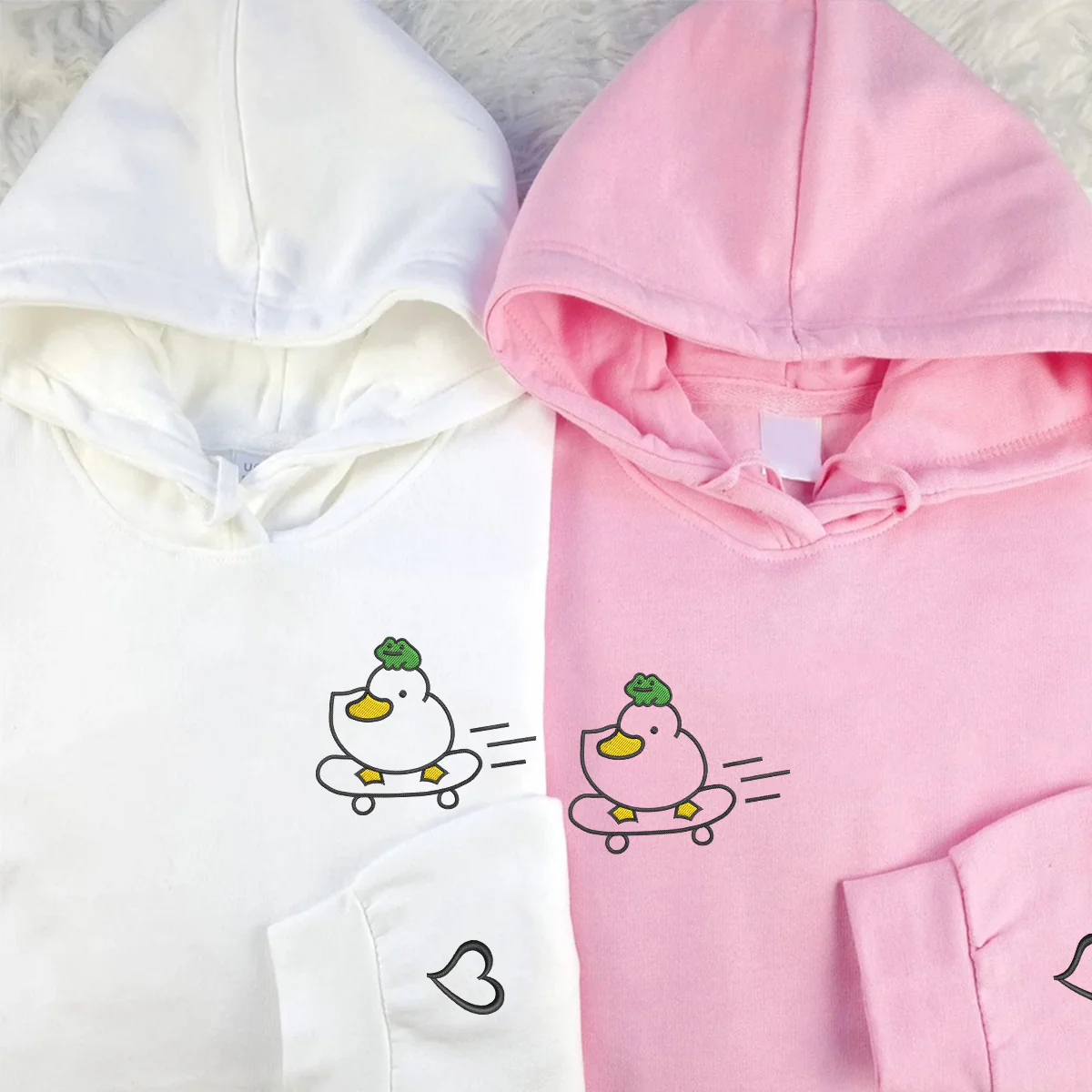 Custom Embroidered Duck and Frog Matching Hoodies for Couples - Image 3