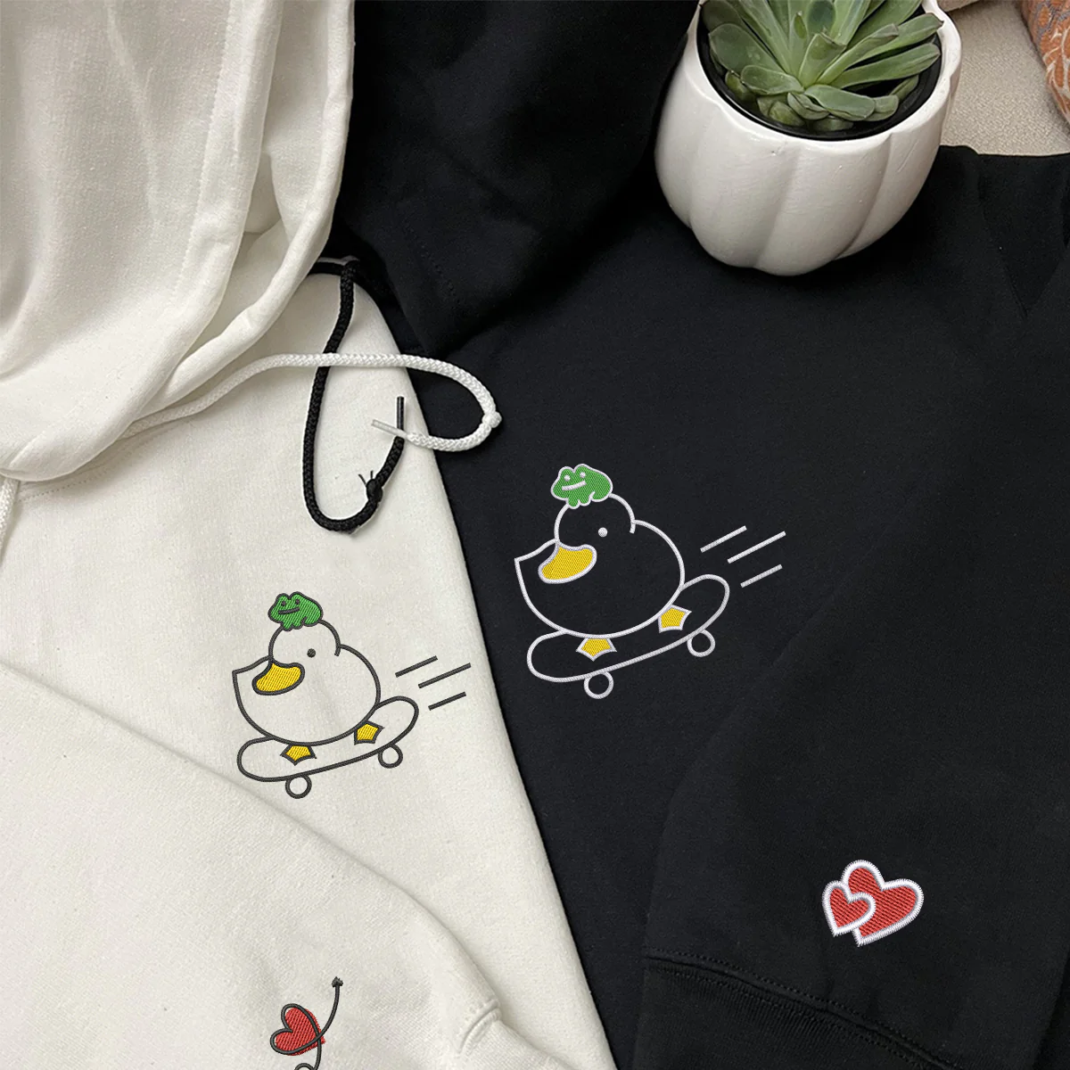 Custom Embroidered Duck and Frog Matching Hoodies for Couples - Image 4