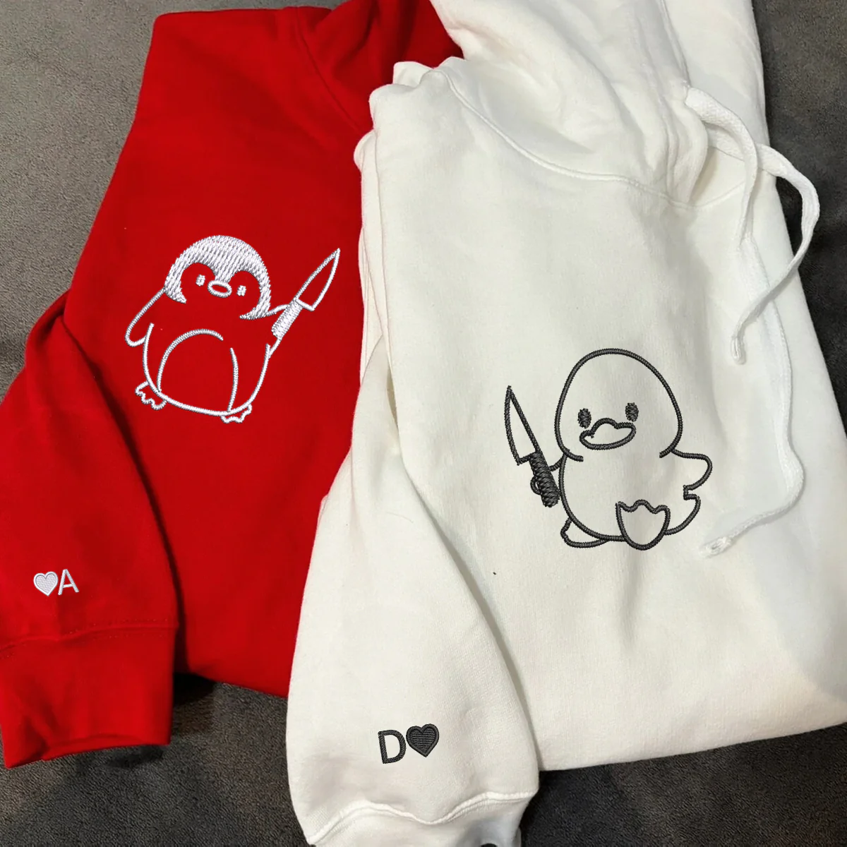 Custom Embroidered Duck and Penguin with Knife Matching Hoodies for Couples - Image 6