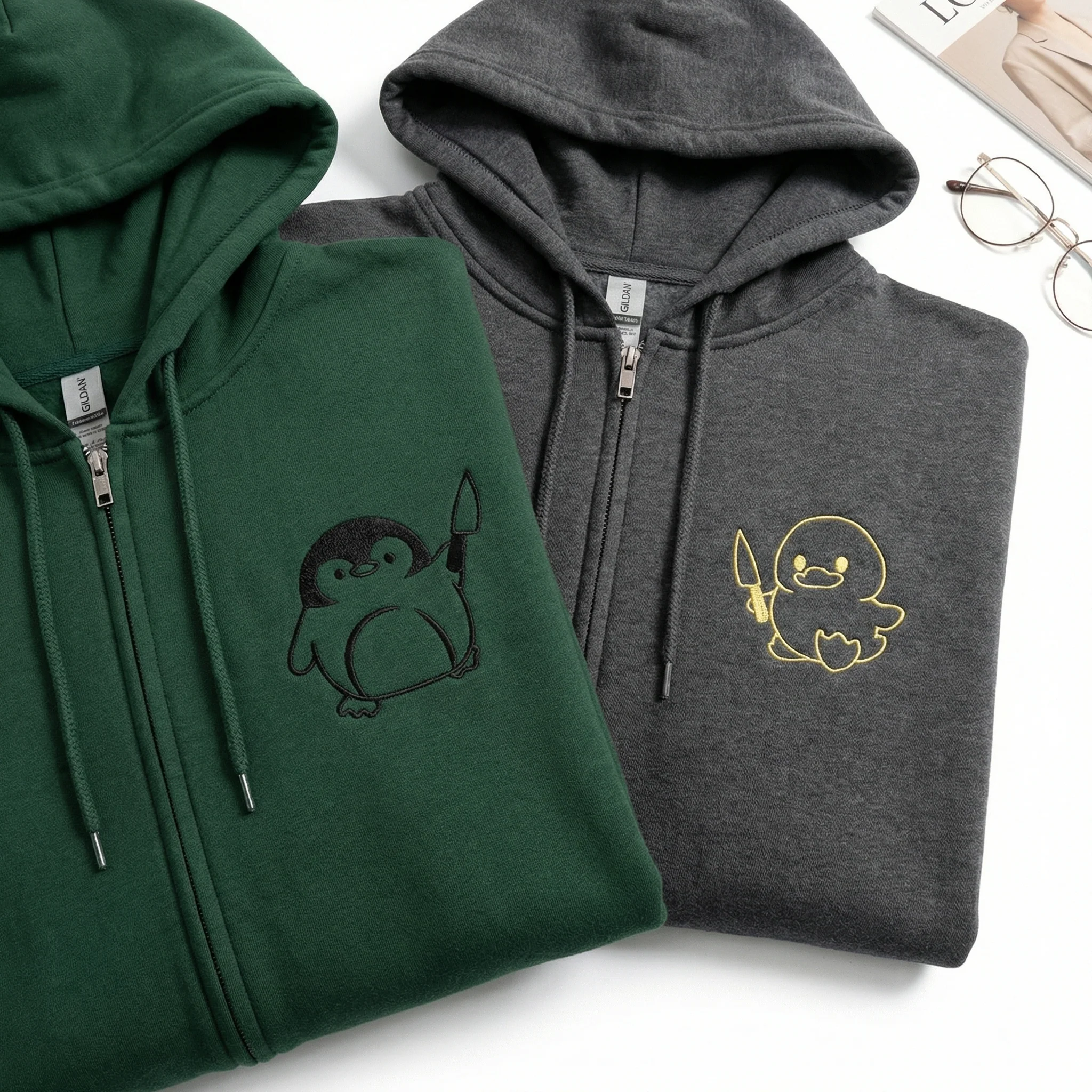 Custom Embroidered Duck and Penguin with Knife Matching Quarter Zip Sweatshirts & Full-Zip Hoodie for Couples - Image 3