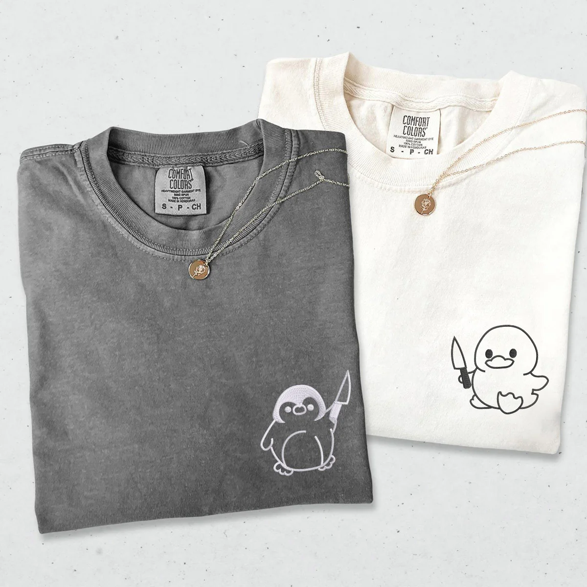 Custom Embroidered Duck and Penguin with Knife Matching T-shirts for Couples - Image 4